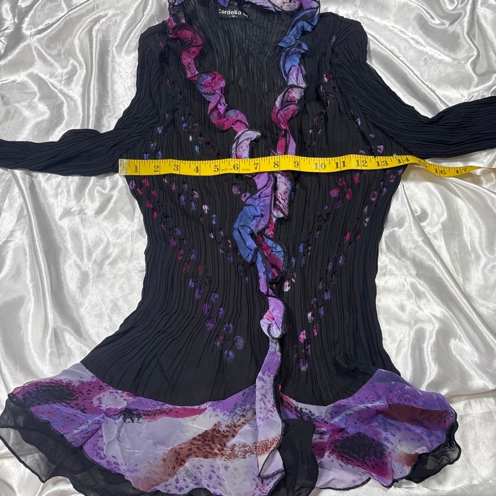 y2k Cordelia St Ruffle Button Up Top Black Purple Pleated Burnout 16 - Picture 3 of 6